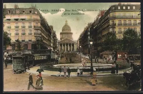 AK Paris, Rue Soufflot et le Panthéon, Strassenbahn