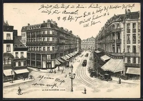 AK Lille, La Rue Faidherbe, Strassenbahn, Café Jean