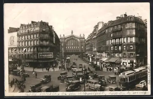 AK Paris, Gare du Nord et Boulevard de Densin, Strassenbahn