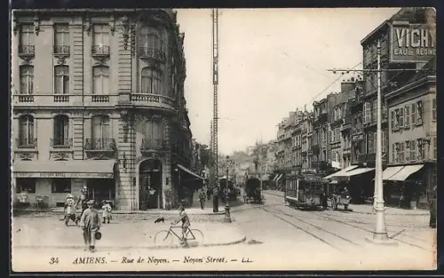 AK Amiens, Rue de Noyon, Strassenbahn