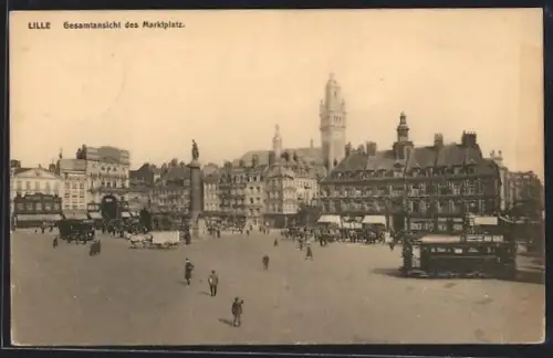 AK Lille, Totalansicht des Marktplatzes mit Strassenbahn