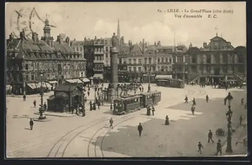 AK Lille, Le Grand` Place, côté droit, vue d`ensemble, Strassenbahn
