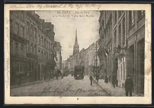 AK Lille, Rue de Paris et le Clocher de l`Église Saint-Maurice, Strassenbahn