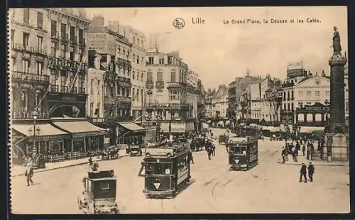 AK Lille, La Grand'Place et Tramways, Strassenbahn