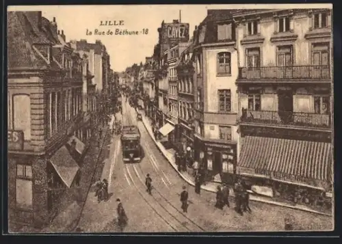 AK Lille, La Rue de Béthune, Strassenbahn