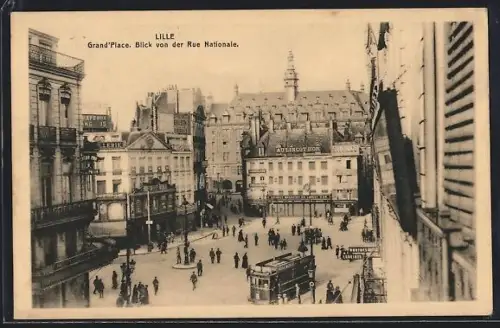 AK Lille, Grand`Place - Blick von der Rue Nationale, Strassenbahn