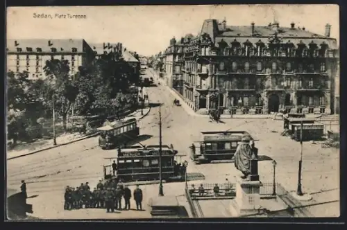 AK Sedan, Strassenbahnen auf dem Platz Turenne