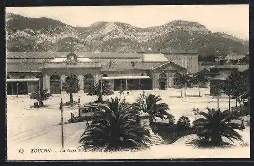AK Toulon, La Gare P.-L.-M. et le Square, Strassenbahn