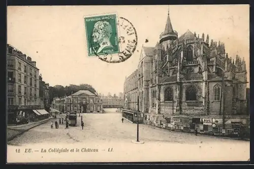 AK Eu, La Collégiale et le Château, Strassenbahn