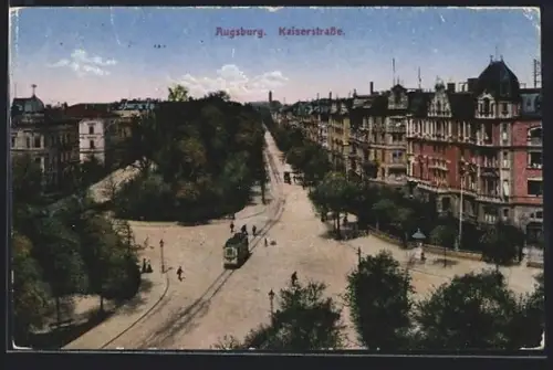 AK Augsburg, Kaiserstrasse mit Strassenbahn