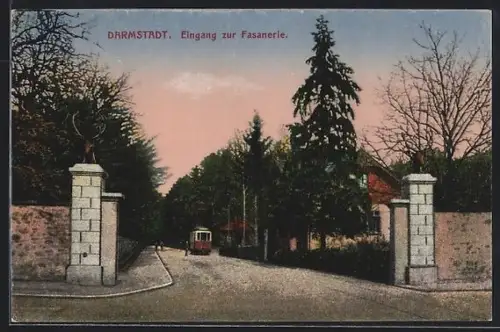 AK Darmstadt, Eingang zur Fasanerie mit Strassenbahn