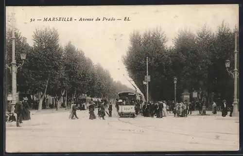 AK Marseille, Avenue du Prado, Strassenbahn
