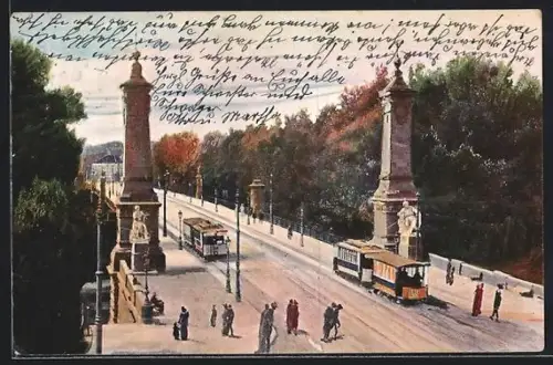 AK Stuttgart, Partie an der König-Karls-Brücke mit Strassenbahnen