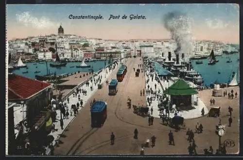 AK Constantinople, Pont de Galata, Strassenbahn