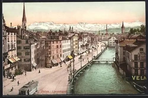 AK Zürich, Limmatquai, Strassenbahn