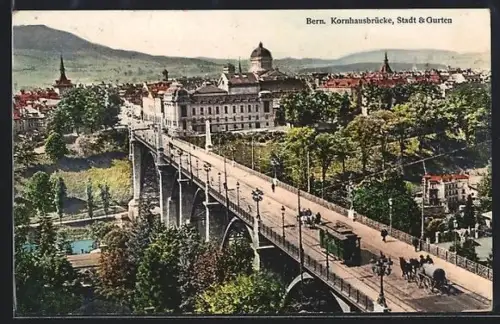 AK Bern, Kornhausbrücke mit Strassenbahn, Stadt und Gurten