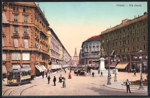 AK Milano, Via Dante mit Strassenbahn