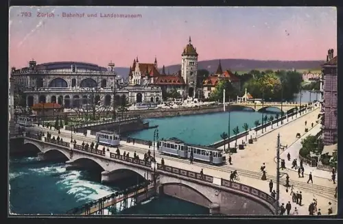 AK Zürich, Bahnhof und Landesmuseum, Strassenbahn
