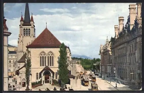 AK Lausanne, L`église et la place Saint Francois, Strassenbahnen