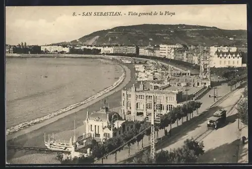 AK San Sebastian, Vista general de la Playa, Strassenbahn