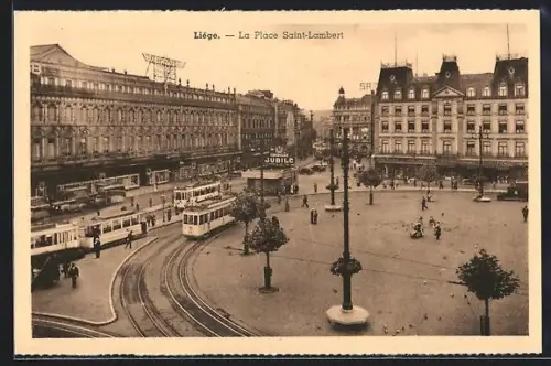 AK Liège, La Place saint-Lambert, Ortspartie mit Strassenbahnen