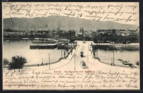 AK Zürich, Quaibrücke und Uetliberg, Strassenbahn