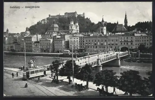 AK Salzburg, Strassenbahn auf der Staatsbrücke