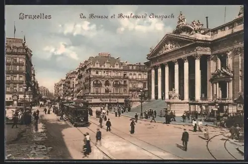 AK Bruxelles, La Bourse et Boulevard Anspach, Strassenbahn