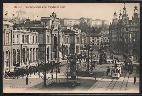 AK Zürich, Bahnhofplatz und Polytechnikum-Universität, Strassenbahn