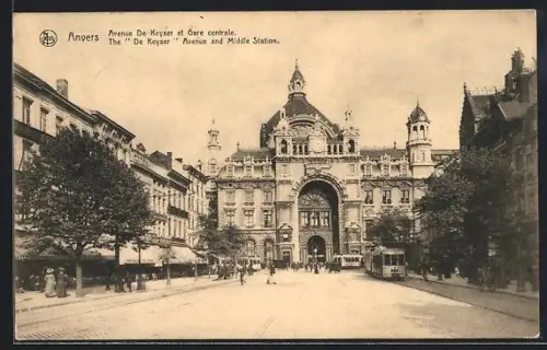 AK Anvers, Avenue de Keyer et Gare centrale, Strassenbahn