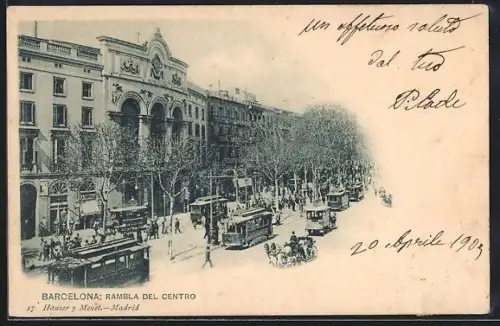 AK Barcelona, Rambla del centro, Strassenbahn