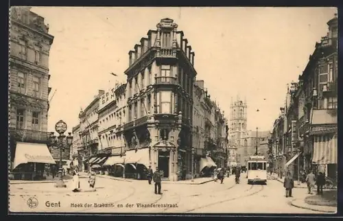 AK Gand, Strassenbahn, Coin des rues de Brabant et de Flandre