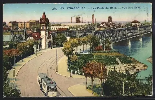 AK Strassbourg, les ponts du Rhin, Strassenbahn