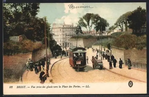 AK Brest, vue prise des Glacis vers la place des Portes, Strassenbahn