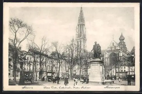 AK Anvers, Place Verte, Cathédrale, Statue Rubens