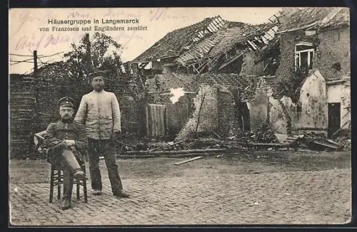 AK Langemarck, Von Franzosen und Engländern zerstörte Häusergruppe