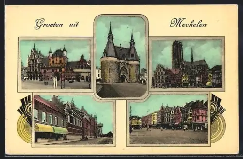 AK Mechelen, Marktplatz mit Rathaus, Kirche, Tor und Strassenpartie