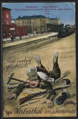 AK Herbesthal, Bin glücklich angekommen, vor Bahnhof hingefallener Soldat mit verstreut um ihn liegenden Utensilien