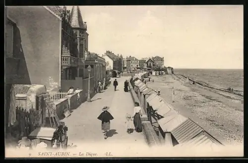 AK Saint-Aubin, La Digue avec promeneurs le long de la plage