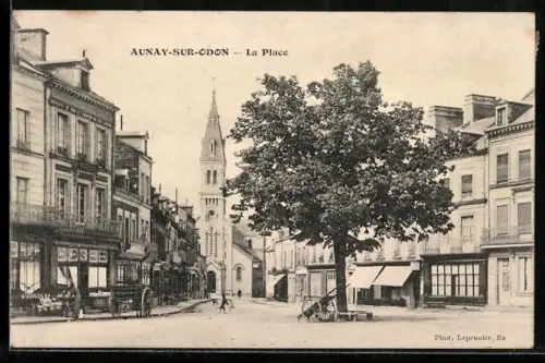 AK Aunay-sur-Odon, La Place avec l`église et les bâtiments environnants