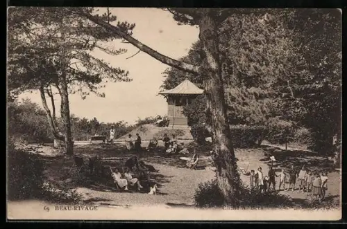AK Beau-Rivage, Scène de détente dans un parc boisé avec pavillon et promeneurs