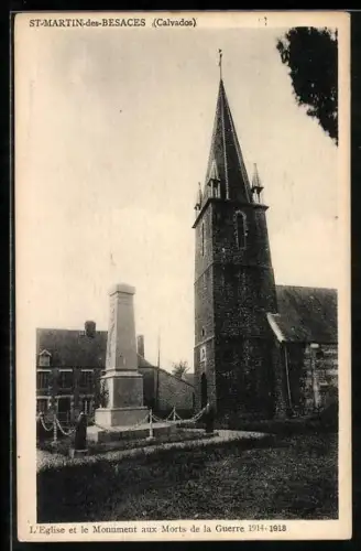 AK St-Martin-des-Besaces /Calvados, L`Église et le Monument aux Morts de la Guerre 1914-1918