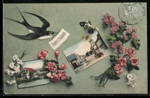 AK Saint-Sylvain, Collage de paysages avec hirondelle et fleurs