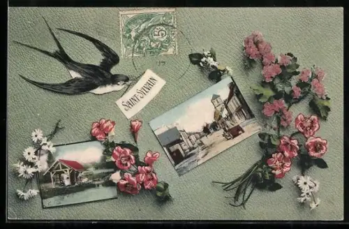 AK Saint-Sylvain, Collage avec hirondelle et vues du village fleuri