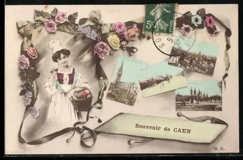 AK Caen, Souvenir de Caen avec femme en costume traditionnel et vues de la ville