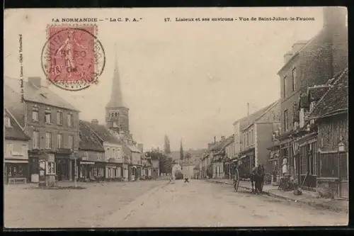 AK Saint-Julien-le-Faucon, Vue de la rue principale avec église et charrette