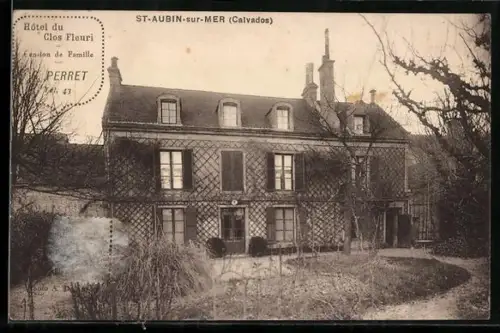 AK St-Aubin-sur-Mer /Calvados, Hôtel du Clos Fleuri et jardin à l`avant