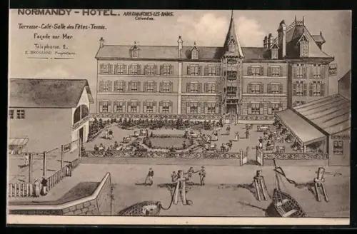 AK Arromanches-les-Bains, Facade du Normandy Hôtel avec terrasse et jardin animés