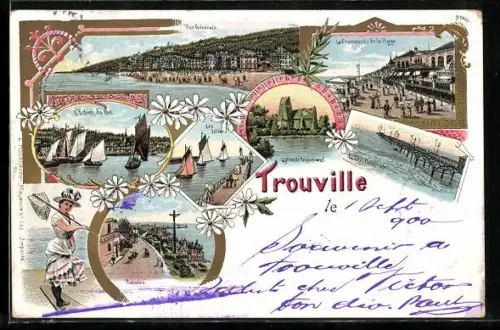 Lithographie Trouville, Souvenir avec vues du port, plage, bateaux et village