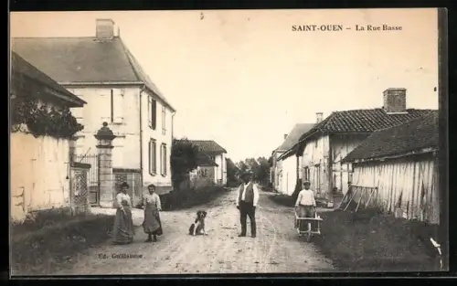 AK Saint-Ouen, La Rue Basse avec habitants et chien dans une scène villageoise